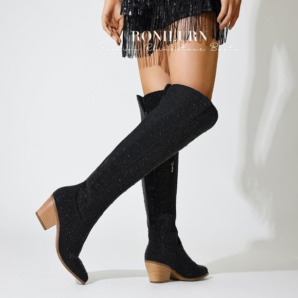 Ronilurn Women Black Rhinestone Pointed Toe Cowgirl Boots Pull On Side Zippers - Picture 6 of 8